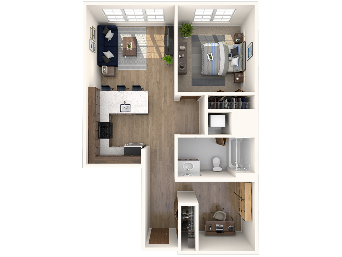 Floor plan for 1 bed, 1 bath, 760 sqft